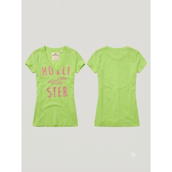Hollister Tops - Hollister California Tee Women's XS Neon Green Pink Logo V Neck Short Sleeve